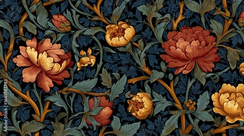 Vibrant floral pattern featuring intricately designed peonies on a dark background.