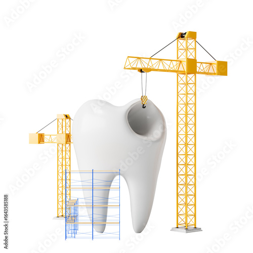 Fototapeta Naklejka Na Ścianę i Meble -  Large white tooth under construction with yellow cranes and blue scaffolding around it, 3D Rendering, isolated on white background, symbolizing dental care