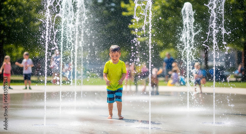 Fototapeta Naklejka Na Ścianę i Meble -  Smiling young boy enjoying a sunny day playing among water fountains at a splash pad, surrounded by blurred kids and greenery.