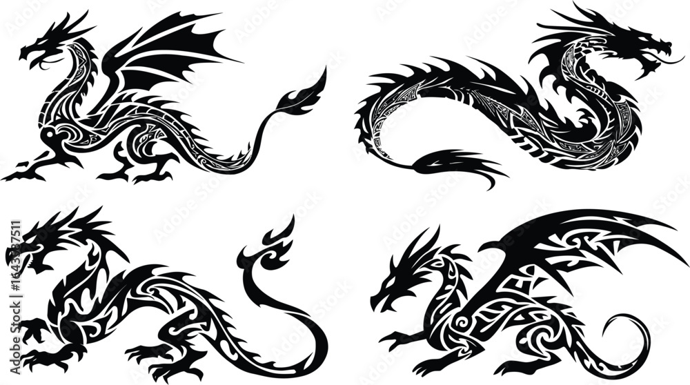 Fototapeta premium Tribal Dragons, Tattoo Style EPS