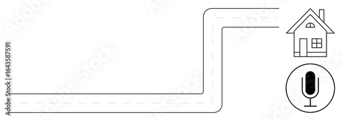 Road turning toward a house with a microphone icon for voice control, suggesting navigation, smart living, or automation. Ideal for technology, navigation, smart home, AI, voice assistant lifestyle