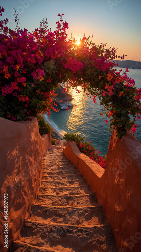 Beautiful Staircase Leads to the Beach with Flowers at Sunset Scenery