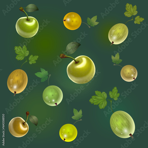 Seamless tile pattern with different berries glossy berries
on a green background