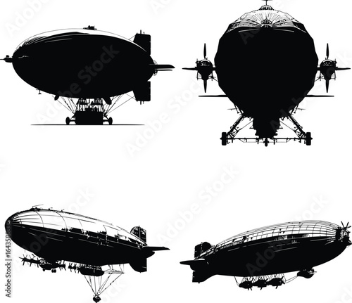 Detailed Airship Views, Black Silhouette EPS