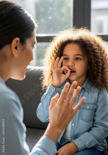 Autistic child girl in speech therapy practicing mouth movements with therapist to improve articulation and pronunciation for autism spectrum communication skills awareness