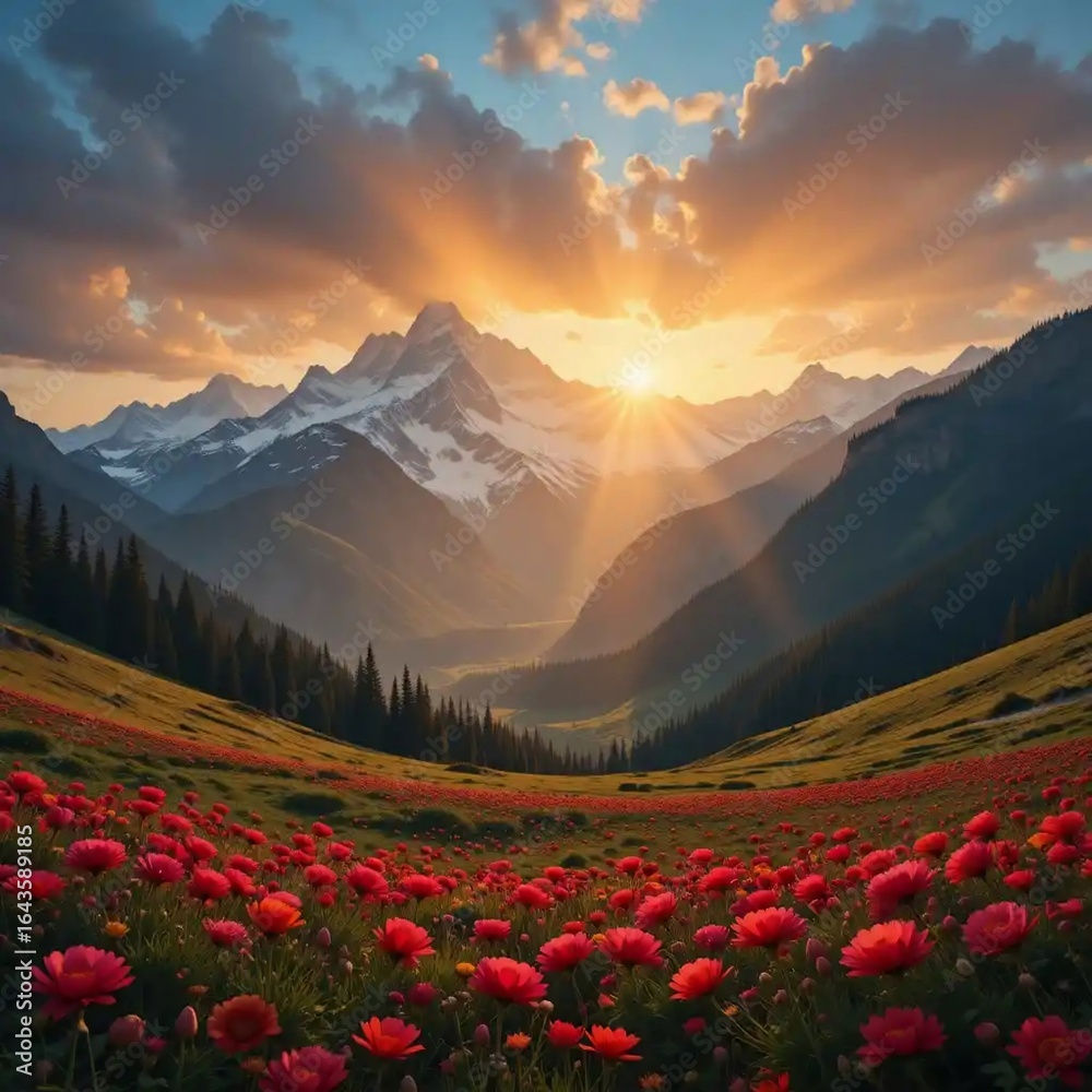 Fototapeta premium Sunrise Over Red Wildflower Valley
