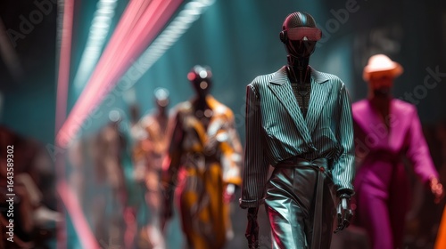 Robot models wearing futuristic metallic clothing walk down a fashion runway illuminated by vibrant pink and blue lights, showcasing the latest trends in technology and fashion