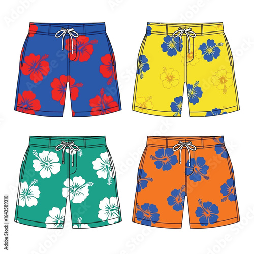 Vector art of four pairs of colorful hibiscus flower swim trunks isolated on white background