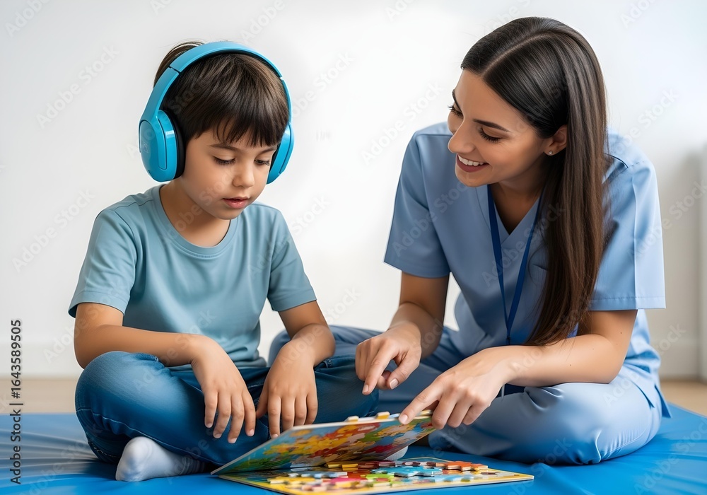 Fototapeta premium Autistic child boy wearing headphones in educational therapy with therapist using colorful puzzle for cognitive skills autism awareness and neurodiversity inclusion support