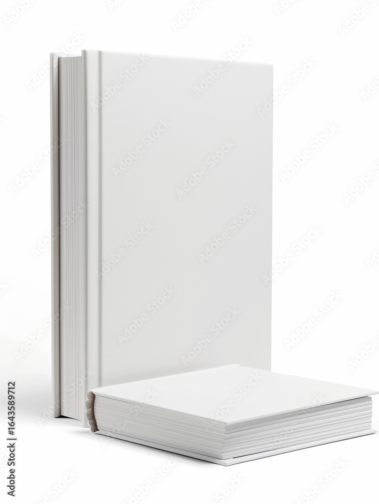 Blank hardcover book mockup with front and back covers visible, isolated on pure white background. Blank hardcover book mockup with front and back covers visible, isolated on pure white background.