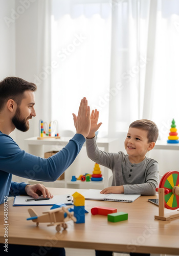 Autistic child boy in occupational therapy high fiving therapist to celebrate task completion for motor skills learning and autism spectrum inclusion awareness