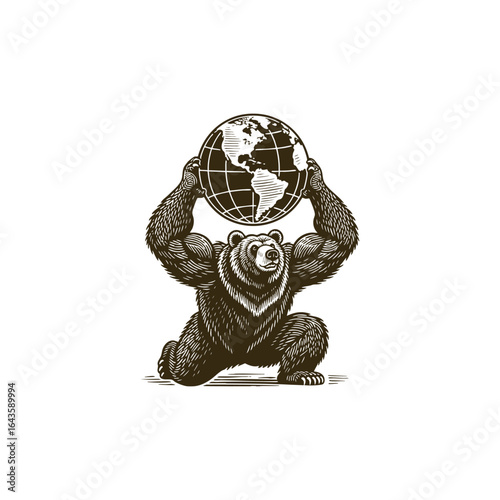 engraving style logo shows a mighty bear kneeling while lifting a globe template vector illustration
