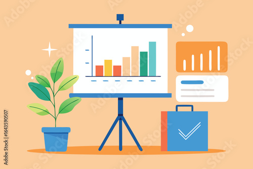 Business presentation with bar chart plant briefcase and data display graph