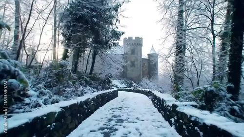 Snowy path to castle in winter forest