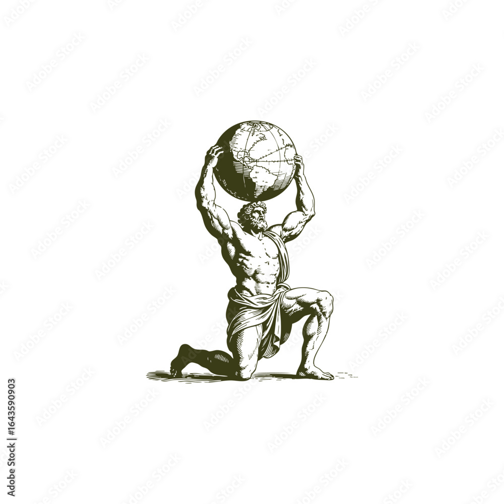 Fototapeta premium Atlas kneeling on one knee lifting the globe engraving logo design template illustration