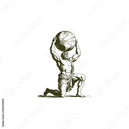 Atlas kneeling on one knee lifting the globe engraving logo design template illustration