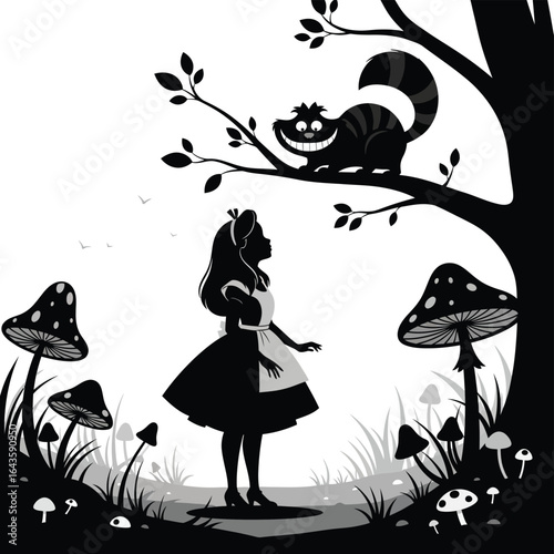 Vector art of alice in wonderland with cheshire cat silhouette isolated on white background