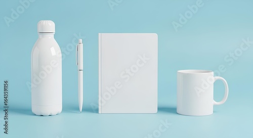 Clean white stationery mockup with notebook, pen, reusable bottle, and coffee mug on a pastel blue background for brand identity presentation.