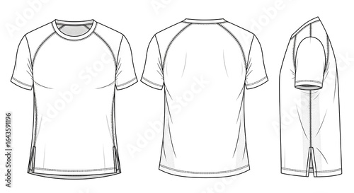 Men's raglan sleeve sport t-shirt vector template. Technical fashion flat sketch of apparel with front, back, and side view mock-up.