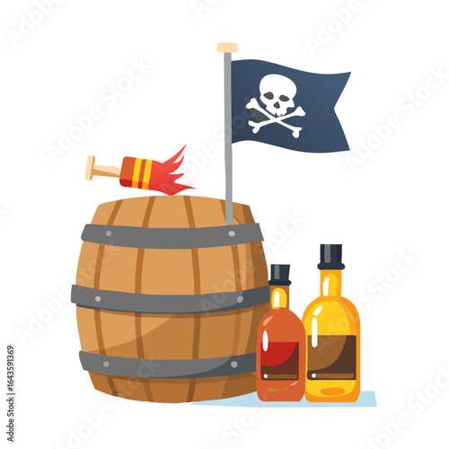 A wooden barrel with a pirate flag and two bottles of rum symbolizing a pirate treasure and celebration