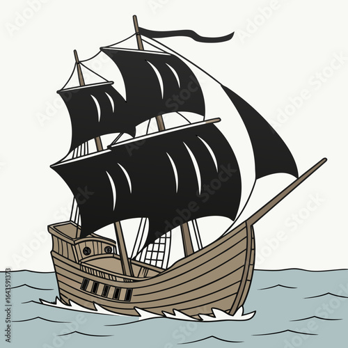 A vintage wooden sailing ship with black sails navigates the ocean waves under a light sky