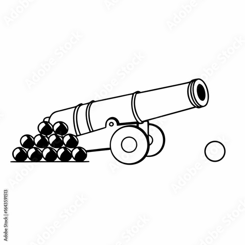 Classic black and white line art illustration of a historical cannon with a pile of cannonballs and one loose ball