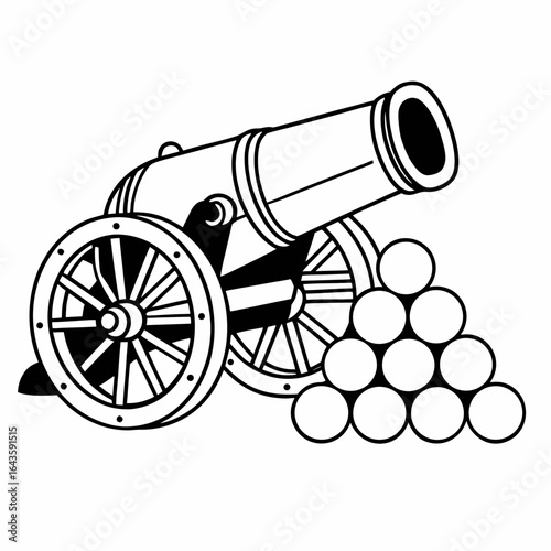 Classic black and white line art illustration of an antique cannon with a stack of cannonballs on a white background