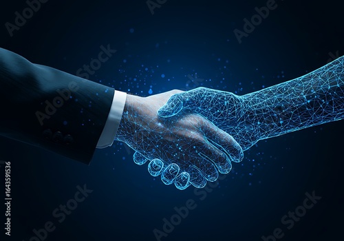 Human and digital handshake symbolizing business agreement