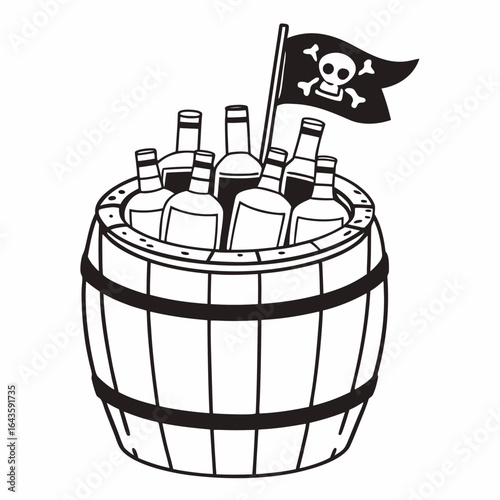Pirate barrel full of bottles with jolly roger flag flying high symbolizing treasure and adventure