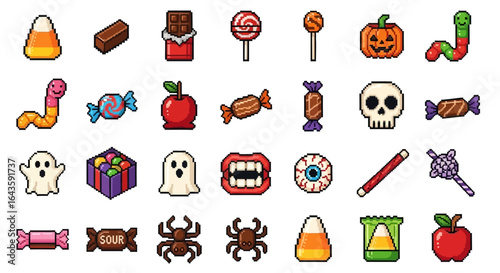 Halloween Icons Set of A vibrant pixel art collection of Halloween icons featuring spooky treats ghosts pumpkins and candy in a retro 8bit style. Vector Illustrations. EPS Editable