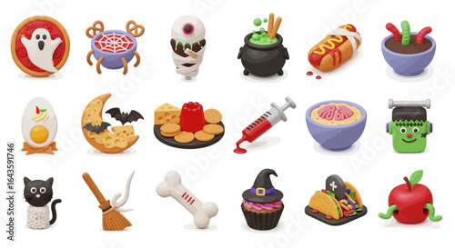 Halloween Icons Set of A Whimsical Array of 3D Halloween Icons in a Playful Smooth Claymation Style. Vector Illustrations. EPS Editable