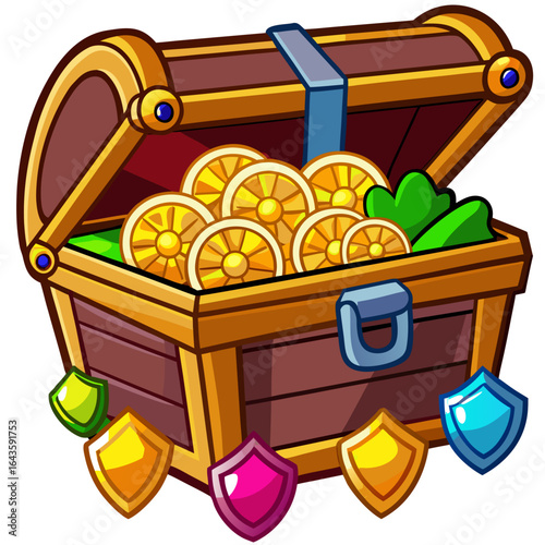 Open wooden treasure chest filled with golden coins and green leaves surrounded by colorful shield icons