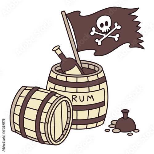 Pirate rum barrels and a tattered jolly roger flag with a bottle of rum in one barrel