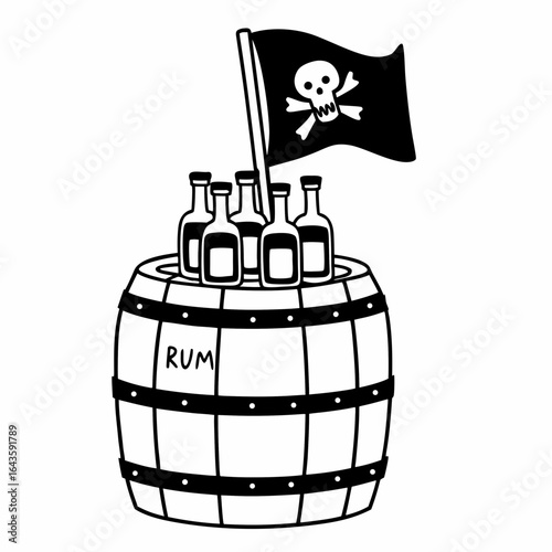 Pirate treasure chest with rum bottles and jolly roger flag on a wooden barrel