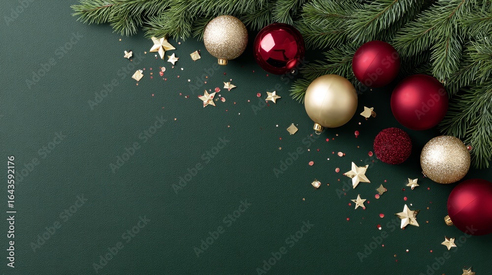 Naklejka premium Festive flat lay with red and gold baubles, lush fir branches, glittering confetti, and star accents on a green background for holiday greeting cards with space for message