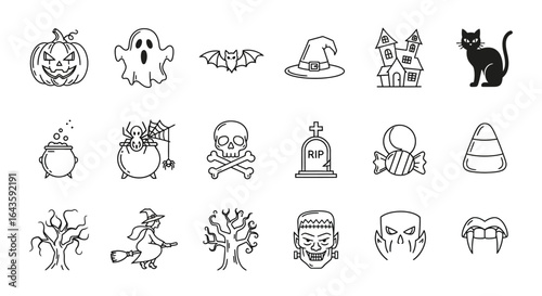 Halloween Icons Set of Clean Line Art Halloween Icon Collection with a Bold Black Cat Silhouette. Vector Illustrations. EPS Editable