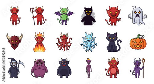 Halloween Icons Set of Diverse Cartoon Collection of Devils Monsters and Spooky Halloween Icons. Vector Illustrations. EPS Editable