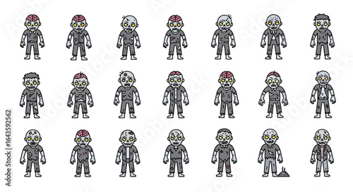 Halloween Icons Set of Diverse Cartoon Zombie Character Set with Exposed Brains and Glowing Yellow Eyes. Vector Illustrations. EPS Editable
