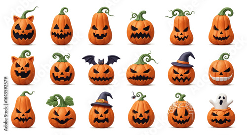 Halloween Icons Set of Diverse Collection of 3D Halloween JackoLanterns with Spooky Character Faces. Vector Illustrations. EPS Editable