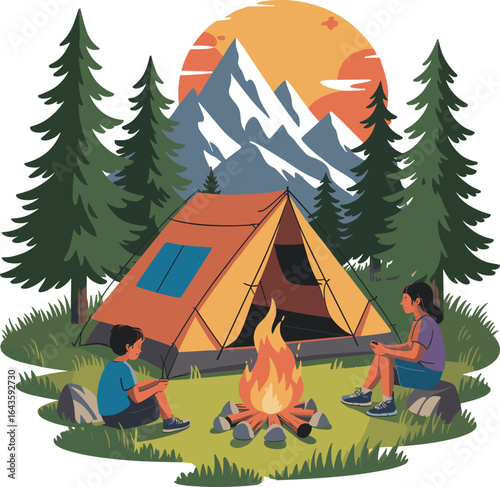 Orange camping tent, forest campsite, campfire, mountain background, sunset sky, adventure travel, outdoor nature, wilderness trip, peaceful evening
