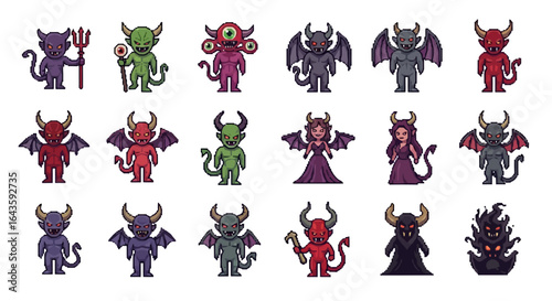 Halloween Icons Set of Diverse Pixel Art Demon Character Set for Retro Video Game Sprites. Vector Illustrations. EPS Editable