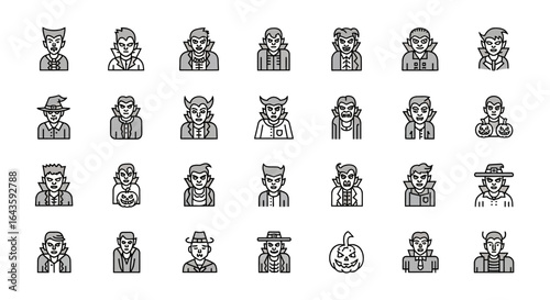 Halloween Icons Set of Diverse Vampire and Monster Avatars A Minimalist Halloween Icon Collection. Vector Illustrations. EPS Editable