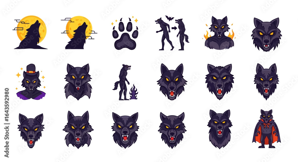 Naklejka premium Halloween Icons Set of Dynamic Werewolf and Lycanthrope Vector Set Howling Transformation and Fantasy Characters. Vector Illustrations. EPS Editable