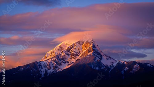 A majestic snow-capped mountain peak glows with golden sunlight during a colorful sunrise, under a dramatic cloudy sky.