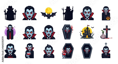 Halloween Icons Set of Draculas Lair A Retro Pixel Art Collection of Vampire and Gothic Horror Icons. Vector Illustrations. EPS Editable