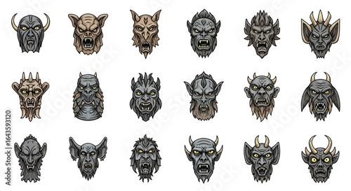 Halloween Icons Set of Fearsome Fantasy Creatures A Diverse Collection of Illustrated Gargoyle and Demon Heads. Vector Illustrations. EPS Editable