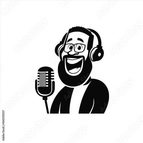 Male Cartoon Podcaster Speaking into Microphone Black and White vector illustration