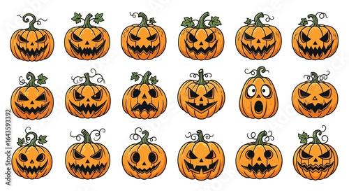 Halloween Icons Set of Ghoulish Grins and Goofy Gapes A Diverse Set of Cartoon Jackolanterns. Vector Illustrations. EPS Editable