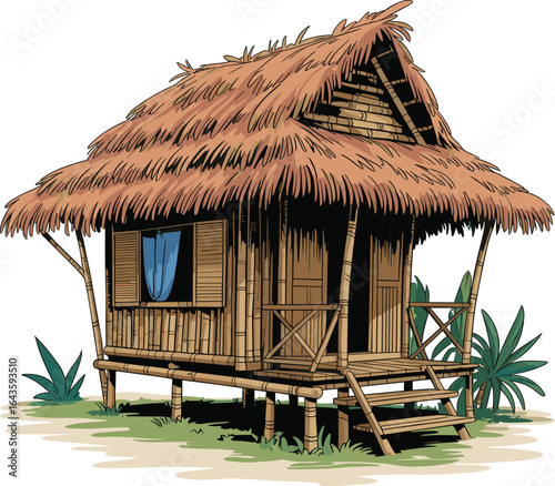 Traditional bamboo hut, tropical house, wooden cottage, jungle home, eco-friendly shelter, nature retreat, rustic architecture, vacation bungalow, exotic getaway