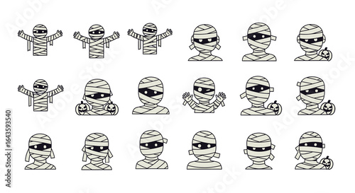 Halloween Icons Set of Halloween Mummy Character Set Playful Vector Icons with Glowing Eyes and Pumpkins. Vector Illustrations. EPS Editable